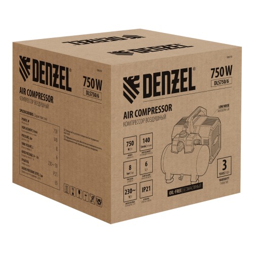 Компрессор DLS750/6 безмасляный малошумный 750 Вт, 140 л/мин,ресивер 6 л Denzel 58019