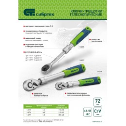 Сибртех Ключ-трещотка телескопический 1/2", 300-430 мм, 72 зуба, с быстрым сбросом 14077