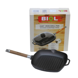 БИОЛ Сковорода-гриль 26см чугунная со съемной ручкой и стеклянной крышкой 1026C
