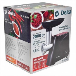 DELTA Мясорубка электрическая 2000 Вт, 1,8 кг/мин DL-6106M черная с красным + 3 насадки-овощерезки
