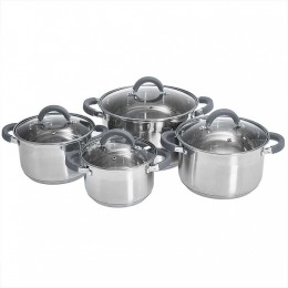 WEBBER Набор посуды 8 предметов: 4 кастрюли (2,2 л, 3 л, 4 л, 6,6 л) из нержавеющей стали со стеклянными крышками BE-626/8