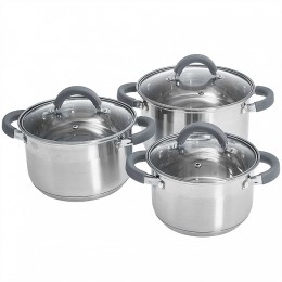 WEBBER Набор посуды 6 предметов: 3 кастрюли (2,2 л, 3 л, 4 л) из нержавеющей стали со стеклянными крышками BE-625/6