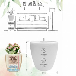 Горшок с автополивом InGreen Munchen 210 мм, 5 л, с внутренней вставкой 3,4 л круглый IG622111048 белый