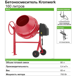 Kronwerk Бетоносмеситель МС-160, 160 л, 700 Вт 95438