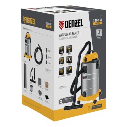 Denzel Пылесос строительный LVC30, 1400 Вт, бак 30 л, шланг 3 м, розетка с автосинхр. 28293