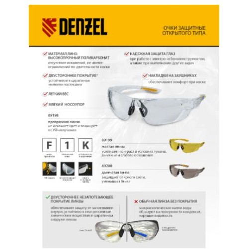 Очки защитные открытые, поликарбонатные, прозрачная линза Denzel 89198