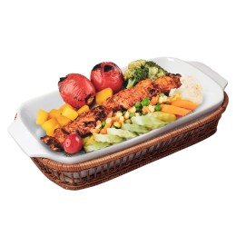 Kamille Форма керамическая для запекания 2,4 л. прямоугольная KM-6303 (41х20х6 см) с ротанговой корзинкой