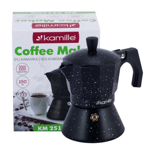 Кофеварка гейзерная 150 мл. (3 порции) из алюминия с индукционным дном Kamille КМ-2511MR (черный мрамор)