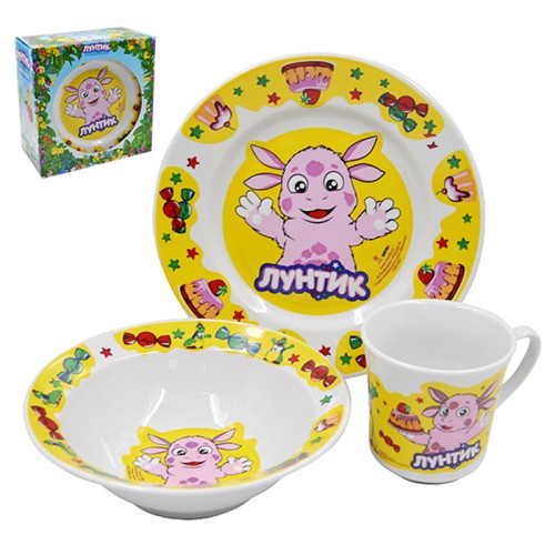 Набор посуды 3 предмета детский КРС-2389 Лунтик желтый (фарфор Дулево)