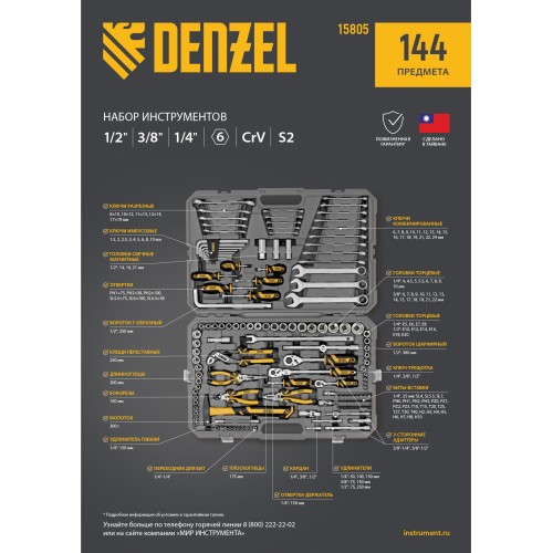 Набор инструментов, 1/2", 1/4", 3/8", CrV, S2, пластиковый кейс, 144 предмета Denzel 15805