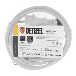 Denzel Шнур сетевой Energy Series, ПВС, 1,5 м, 2 x 1,5 мм, с неразборной вилкой, белый 37668