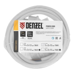 Denzel Шнур сетевой Energy Series, ПВС, 3 м, 2 x 1,5 мм, с неразборной вилкой, белый 37672