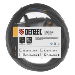 Denzel Шнур сетевой Energy Series, ПВС, 3 м, 2 x 1,5 мм, с неразборной вилкой, черный 37673