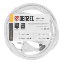 Denzel Шнур сетевой Energy Series, ПВС, 3 м, 2 x 1 мм, с неразборной вилкой, белый 37664