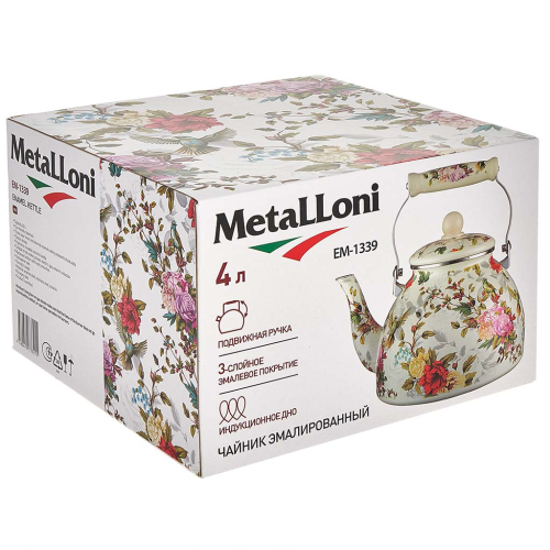 Чайник 4 л эмалированный с керамической ручкой EM-1339 Цветы