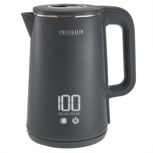 Чайник электрический 2000 Вт, 1,8 л DELTA LUX DE-1023, двойной корпус, LCD дисплей, 5 режимов, серый