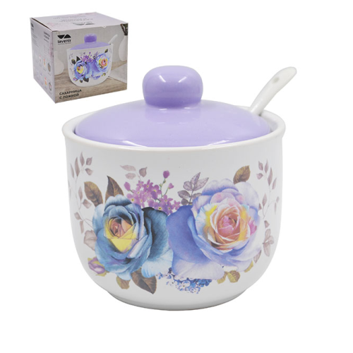 Сахарница Lavenir  "Сиреневый букет" 330 мл, 9,5 см HC200-P85 с ложкой доломит