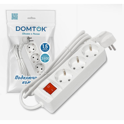 Удлинитель бытовой DOMTOK 3 гнезда, ПВС 3*1, 3,5кВт, с/з, выкл. 1,5м