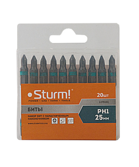 Sturm Биты PH1х25мм, сталь S2, С МАГНИТН. НАКОНЕЧНИКОМ,20 шт. В пластик.кейсе 1270101