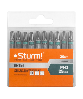 Sturm Биты PH3x25мм,сталь S2, С МАГНИТН. НАКОНЕЧНИКОМ,20 шт. В пластик.кейсе 1270103