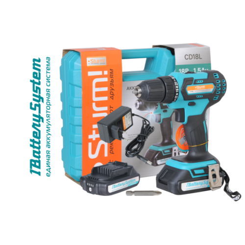 Дрель аккумуляторная Sturm!, 18В, 1BatterySystem, 27Нм, 2x1.5Ач, кейс CD18L
