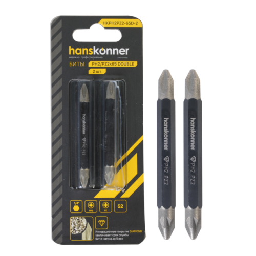 Биты двустор., PH2xPZ2x65мм, сталь S2, Diamond, 2шт,Hanskonner HKPH2PZ2-65D-2