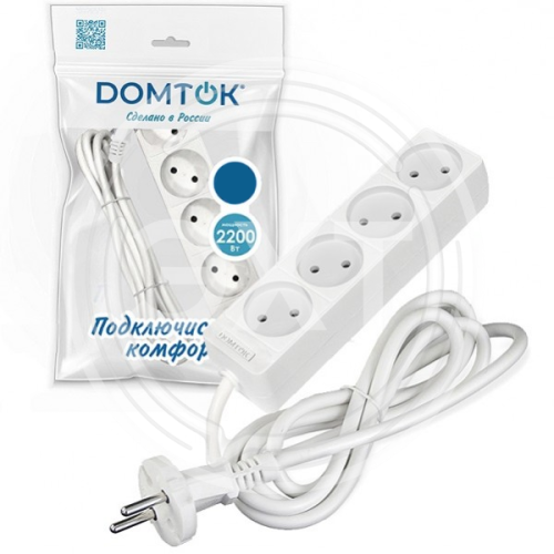 Удлинитель бытовой DOMTOK 4 гнезда, ПВС 2*1, 2,2кВт, б/з 10м
