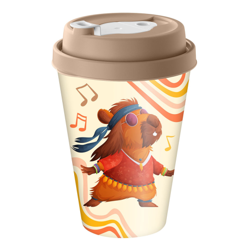 Стакан с крышкой 420 мл с декором с клапаном "Капибары" (бежевый) 223107027/01