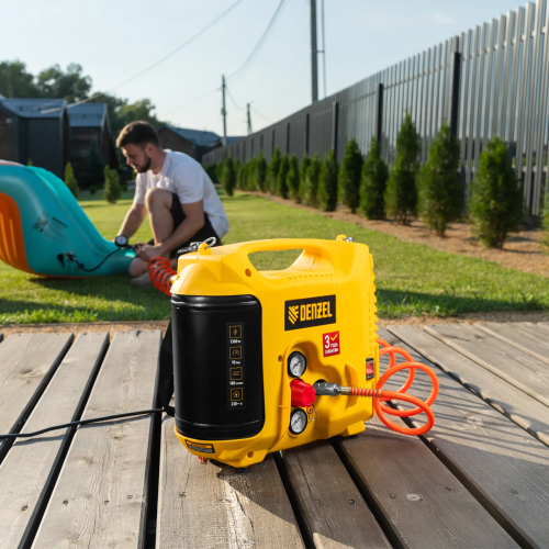 Компрессор воздушный DL1300, 10 бар, 1,3 кВт 180 л/мин 5 л, с набором аксессуаров Denzel 58011