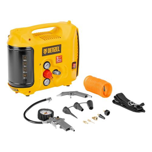 Компрессор воздушный DL1300, 10 бар, 1,3 кВт 180 л/мин 5 л, с набором аксессуаров Denzel 58011