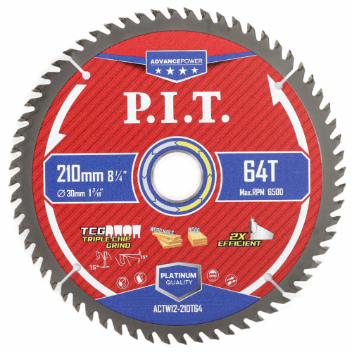 Диск пильный по дереву P.I.T. ADVANCE 210x30x2,2 мм, 64T Carbide, зуб TCG 15° (ACTW12-210T64)