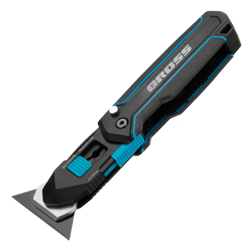 Нож-скребок складной, 19мм, сменное лезвие, SK2, 5 запас. лезвий, алюмин. корпус, клипса GROSS 78891