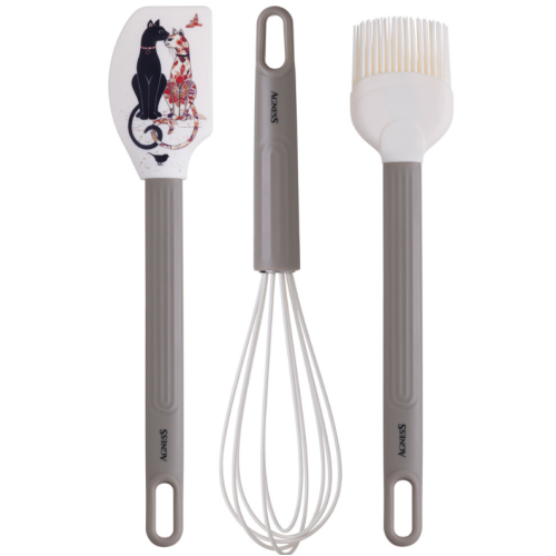 Набор: Венчик, Лопатка, Кисточка Agness, 3 Предмета, Серия Парижские Коты 671-033