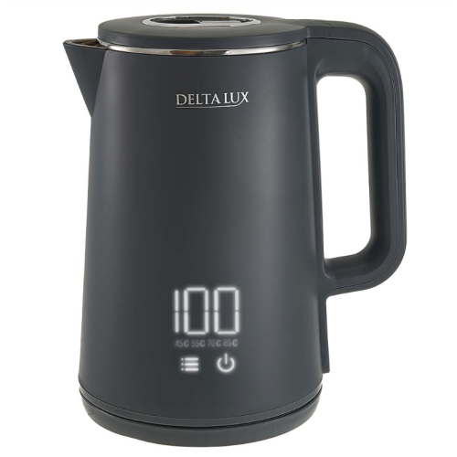 Чайник электрический 2000 Вт, 1,8 л DELTA LUX DE-1023, двойной корпус, LCD дисплей, 5 режимов, серый