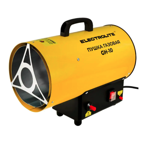 Пушка газовая ELECTROLITE GH-10  (мощность 10 кВт, давление газа 0.3 бар, расход газа 0.73 кг/час, производительность по воздуху 330 м3/час, объем помещения 100-350 м2, поджиг ручной)