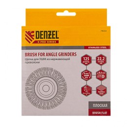 Denzel Щетка для УШМ, 125 мм, "Плоская", крученая нержавеющая проволока 0.5 мм, посадка 22.2 мм 746323