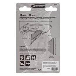 Gross Нож, 130 мм, алюминиевый корпус, выдвижное трапециевидное лезвие 18 мм (SK-5), клипса для ремня, 4 лезвия 78899