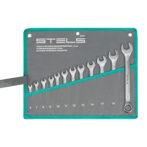 Набор ключей комбинированных 6-22 мм, 12 шт, CrV, матовый хром Stels 15421