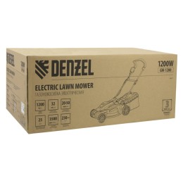 Denzel Газонокосилка электрическая GM-1200, 1200 Вт, ширина 32 см, 3 уровня, травосборник 25 л. 96615