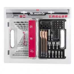 Matrix Набор сверл комбинированный, сверла по металлу 1-6 мм, бетону 3-8 мм, дереву 3-8 мм, перовые 16,20,22 мм, биты 30 шт, адаптер, головки 8 шт, 71 предмет Pro 725671