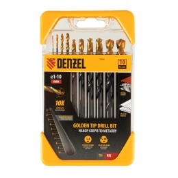 Denzel Набор сверл по металлу, 1-10 мм, HSS-Tin, Golden Tip, 10 шт 72316