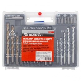 Matrix Набор сверл комбинированный: бетон 4-10 мм, металл 2-10 мм, дерево 4-10 мм, дюбеля, 300 предметов 72577