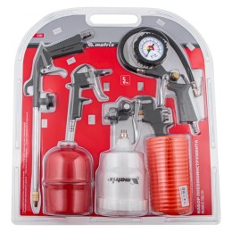 Matrix Набор пневмоинструмента, 5 предметов, быстросъемное соединение, краскораспылитель с верхним бачком 57304