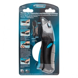 Gross Нож ремонтно-монтажный, трехкомпонентная рукоятка, автовыброс, возврат лезвия, пистолетного типа, 170 мм, 5 запасных лезвий 78870