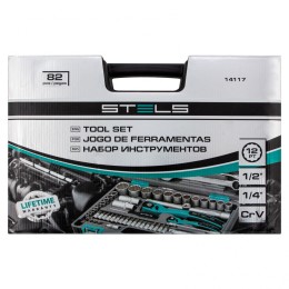 Stels Набор инструментов 1/2, 1/4, CrV, 12 гранные головки, пластиковый кейс, 82 предмета 14117