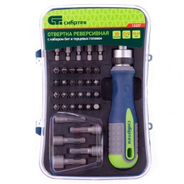 Сибртех Отвертка реверсивная с набором бит и торцевыми головками, 35 шт, CrV 13337