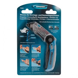 Gross Нож ремонтно-монтажныйный, складной, трехкомпонентная рукоятка, контейнер-держатель для лезвий, 175 мм, 2 запасных лезвия 78882