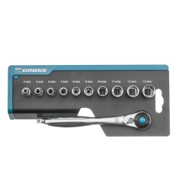 Gross Набор торцевых головок, трещотка 120 зубьев, 1/4", CrV, 12 предметов 14141