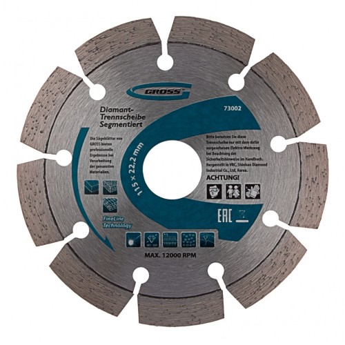 Диск алмазный, 115 х 22.2 мм, лазерная приварка сегментов, сухая резка Gross 73002