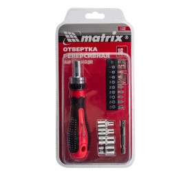Matrix Отвертка реверсивная с набором бит и насадок торцевых, CrV, 1/4, 16 шт 11332